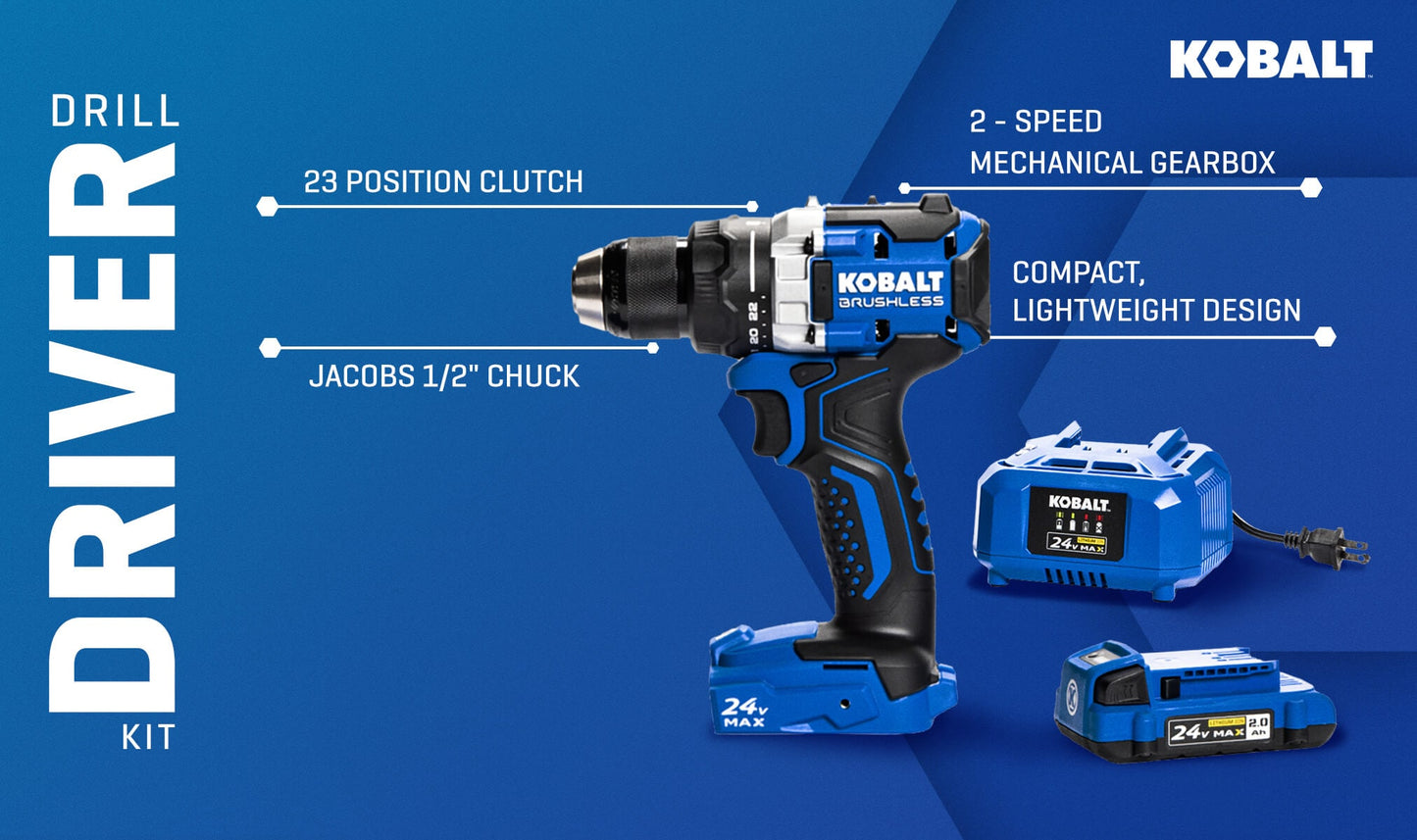 Kobalt 24V 1/2" Drill (Battery, Charger, Bag)