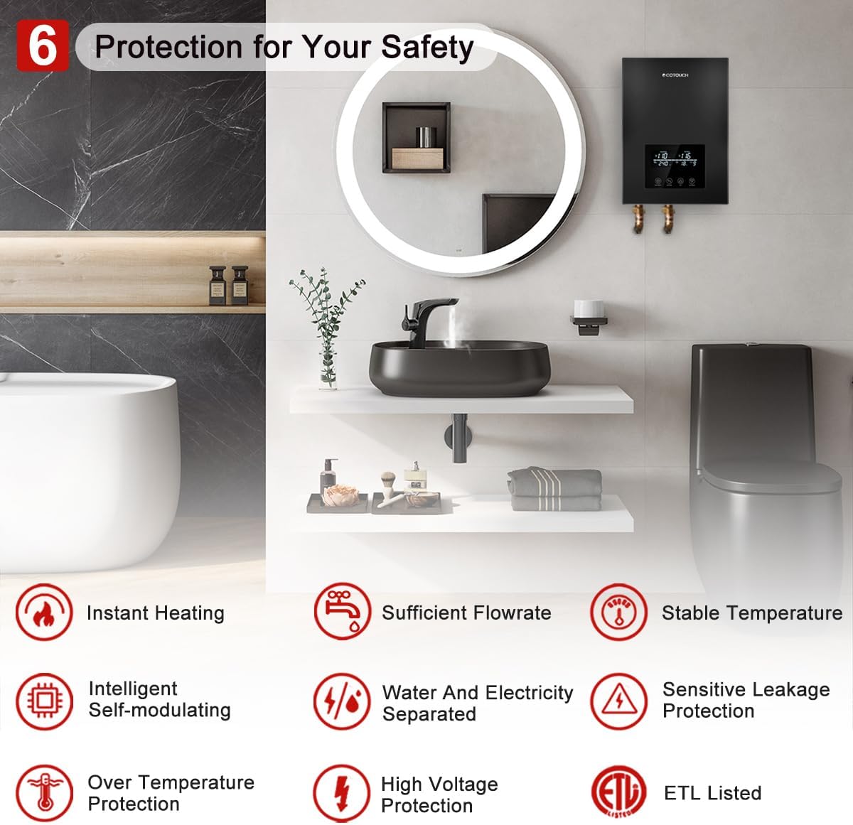Tankless Electric,ECOTOUCH 9KW 240V, Black