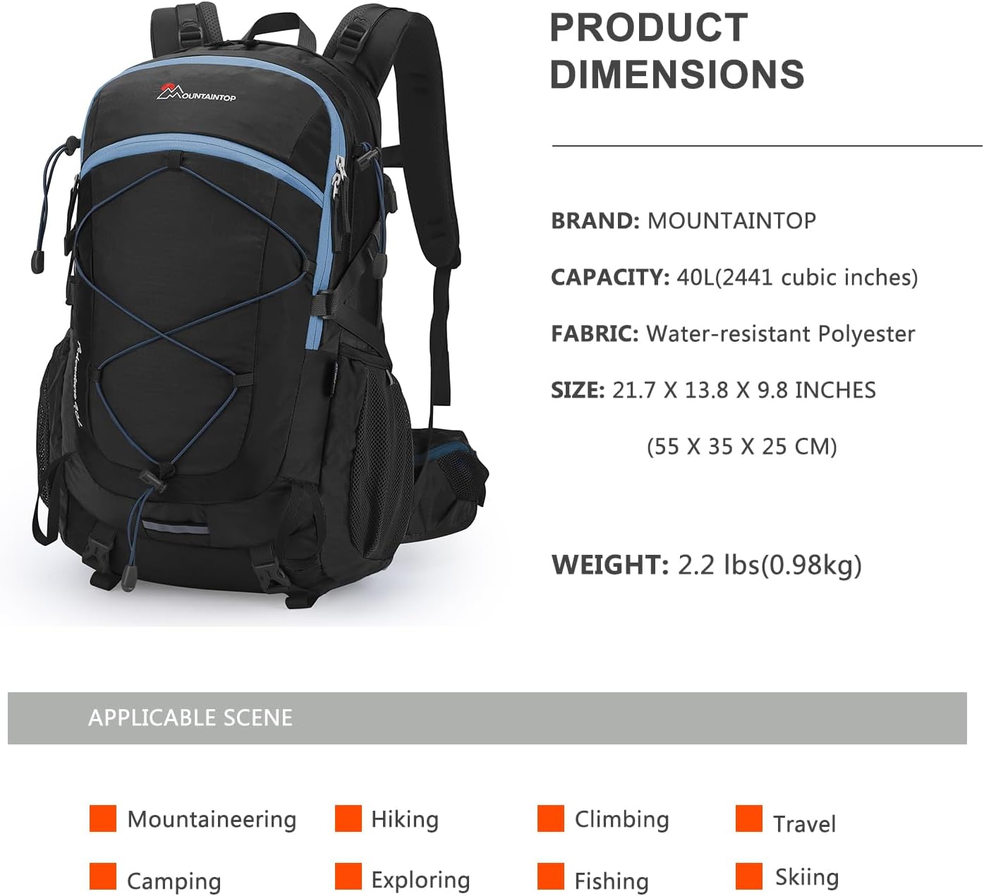 MOUNTAINTOP 40L Lightweight Hiking Backpack