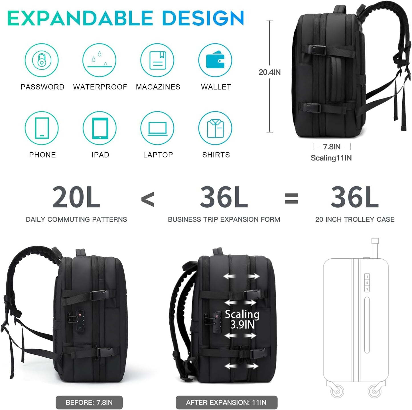BANGE Anti-Theft Expandable Travel Backpack