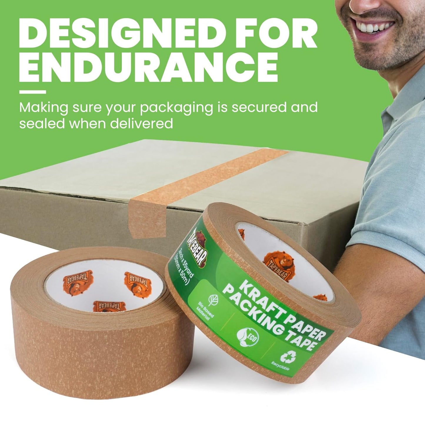 Eco-Friendly Kraft Paper Tape, 2Inch x 55Yard