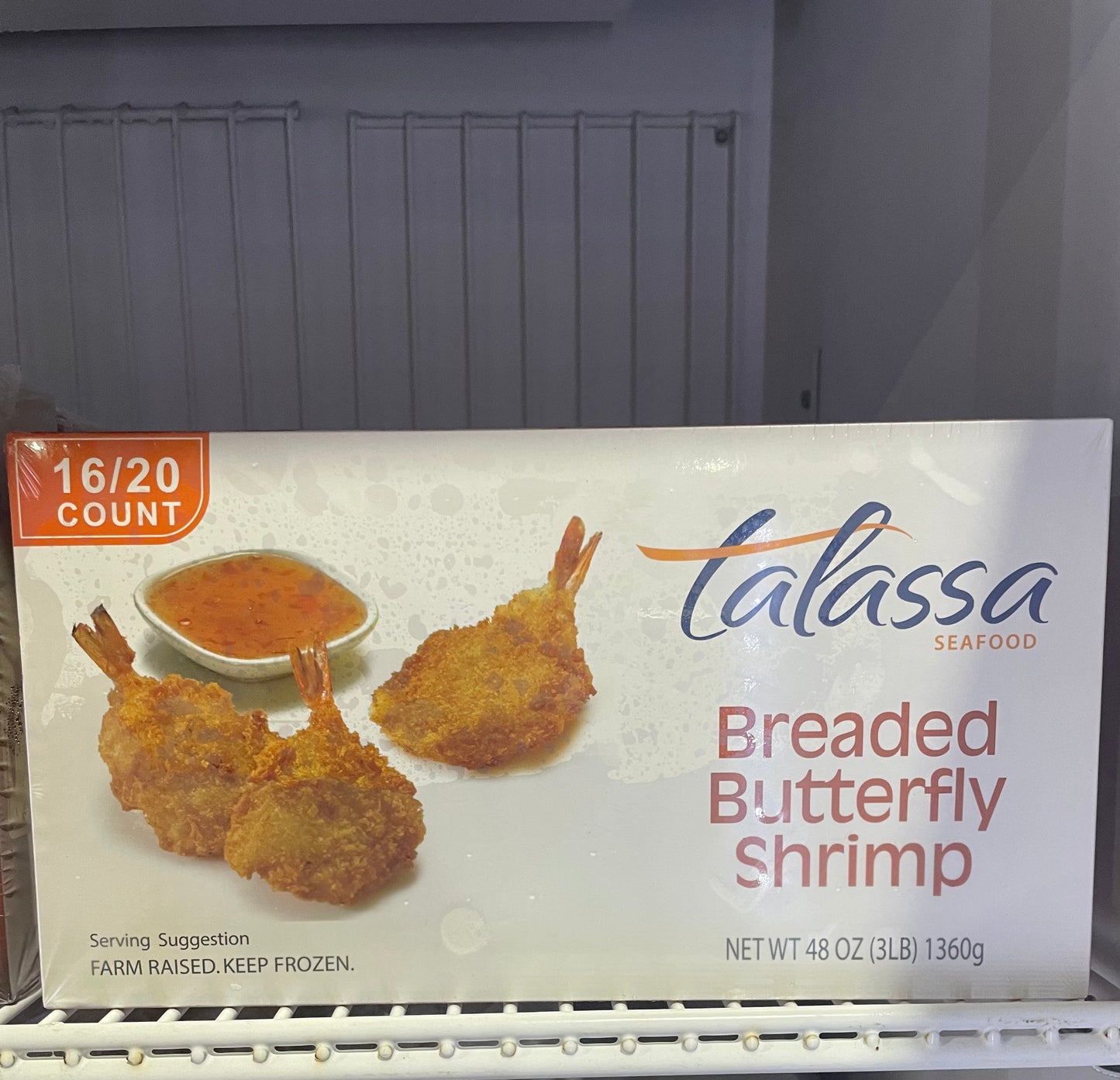 3 lbs 16/20 Breaded, Butterfly Shrimp, Talassa brand.