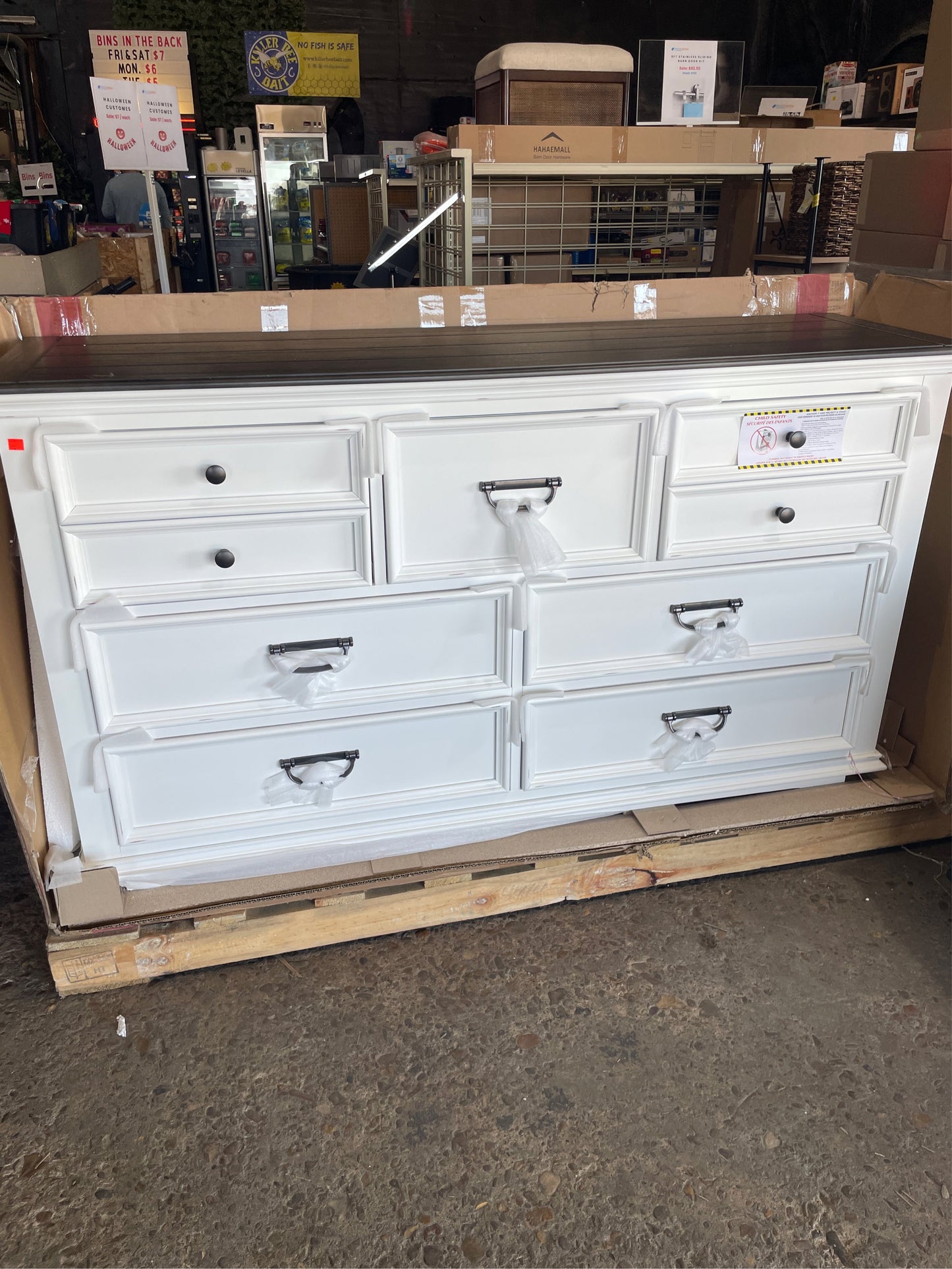 Clelane Wood 7-Drawer Dresser, White/Gray