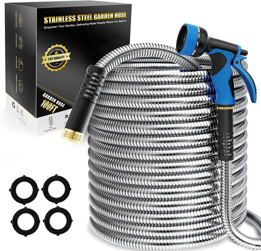 Lefree 100ft Metal Garden Hose, 10 Nozzle