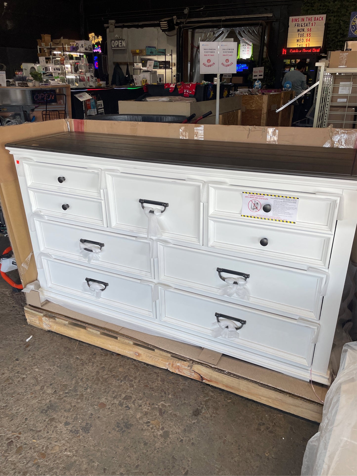 Clelane Wood 7-Drawer Dresser, White/Gray