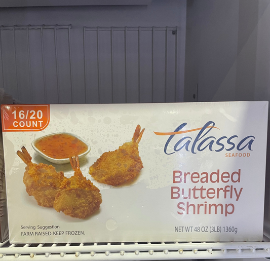 12 lbs case -  16/20 Breaded, Butterfly Shrimp, Talassa brand.